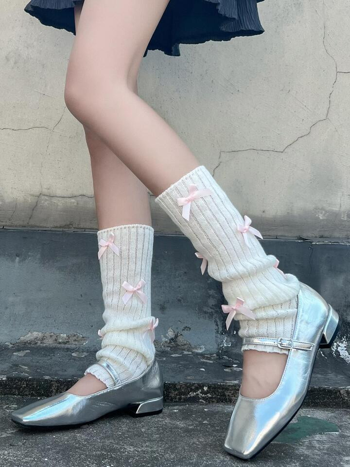 A Pair Of Women's Knitted Leg Warmers, Ballet Style White Leg Warmers, Multiple Bow Jk Leg Warmer... | SHEIN