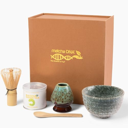 Matcha Tea Present Box Set - Matcha Tea Ceremony Present Set by MATCHA DNA (Brown) - 1 oz Organic Ceremonial Matcha Green Tea Tin, Bamboo Whisk, Ceramic Whisk Holder, Matcha Bowl, and Bamboo Spoon | Amazon (US)