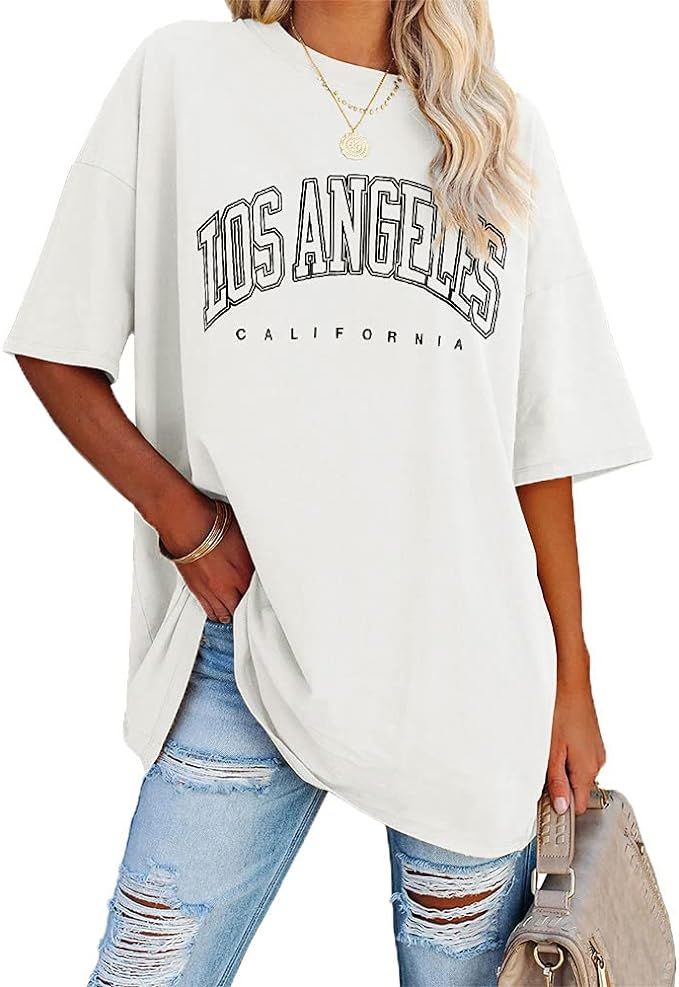 Fazortev Womens Oversized Los Angeles California T Shirts Half Sleeve Summer Loose Casual Tees Cr... | Amazon (US)
