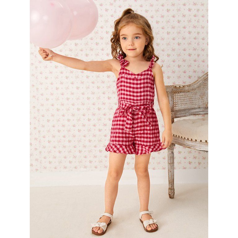Red and White Cute Toddler Girls Gingham Print Bow Detail Belted Ruffle Hem Romper 2Y Y040D | Walmart (US)