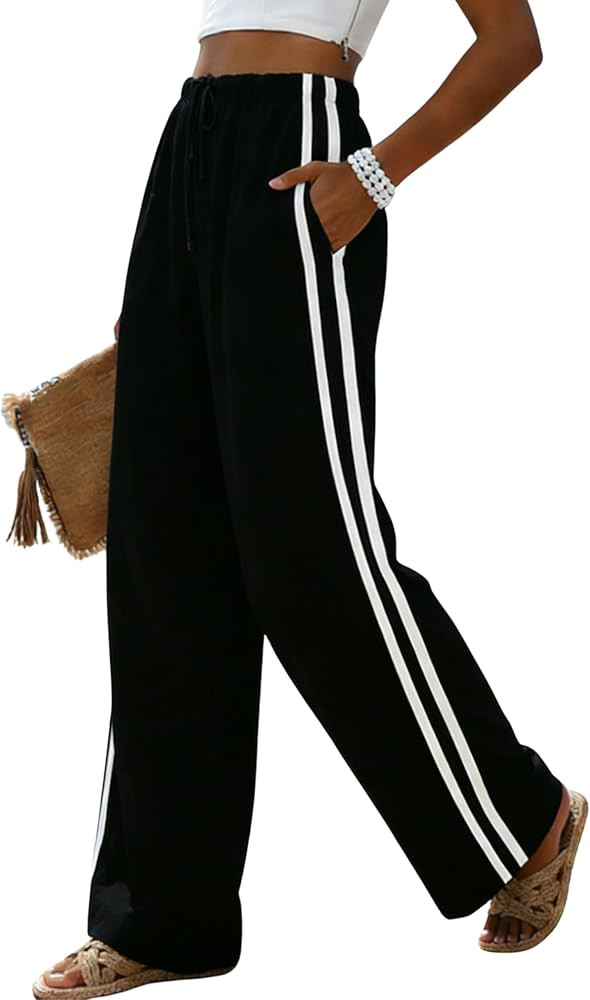 MINSURE Womens Linen Palazzo Pants Summer Wide Leg High Waist Side Striped Casual Flowy Beach Tro... | Amazon (US)