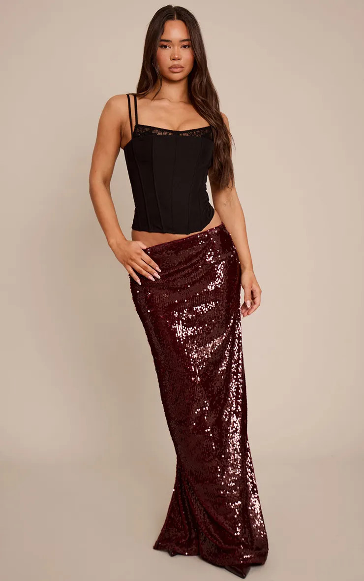 Burgundy Sequin Maxi Skirt | PrettyLittleThing | PrettyLittleThing UK
