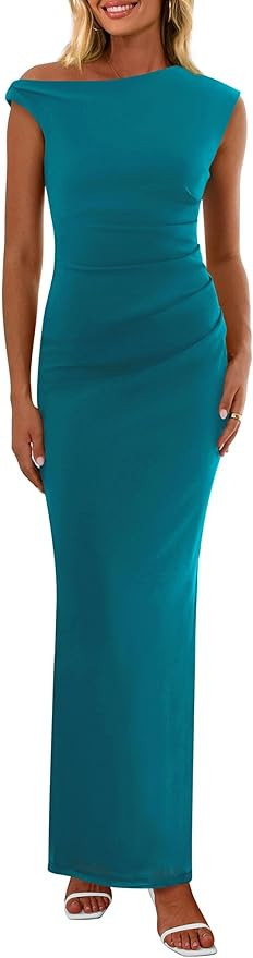 PRETTYGARDEN Women 2025 Summer Formal Maxi Dresses Sleeveless One Shoulder Bodycon Ruched Mesh Be... | Amazon (US)