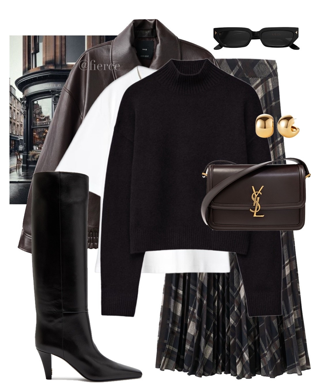Check skirt brown leather jacket knee high boots black high neck jumper brown Ysl bag chic outfit 

#LTKwinter #LTKeurope #LTKuk