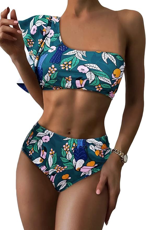 Dokotoo Women Bikinis One Shoulder High Waisted Bikini Set Bathing Suit Ruffle Swimsuit High Cut ... | Amazon (US)
