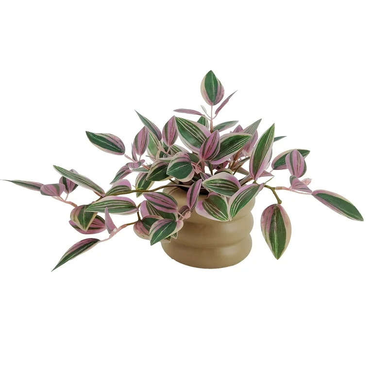 Mainstays Indoor Artificial Variegated Zebrina, 9.5-Inch, Pink and Green Leaves, Tan Bubble Vase | Walmart (US)