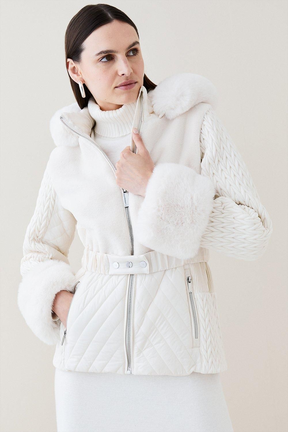Signature Quilt Faux Fur Trim Belted Short Coat | Karen Millen UK + IE + DE + NL