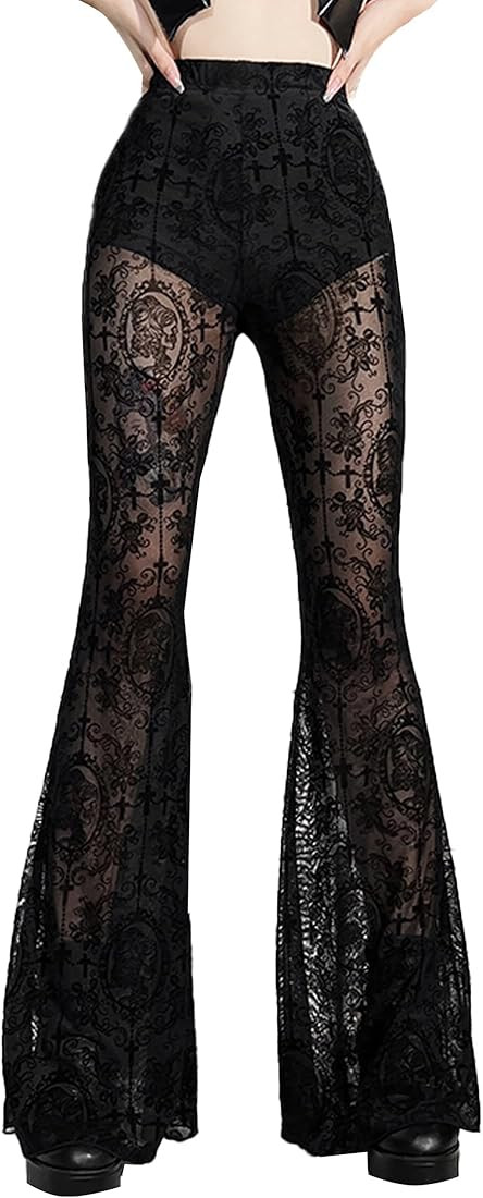 FEOYA Women's Gothic Flared Velvet Trousers High Waisted Skinny Lace Pants Punk See Through Bell Bot | Amazon (UK)