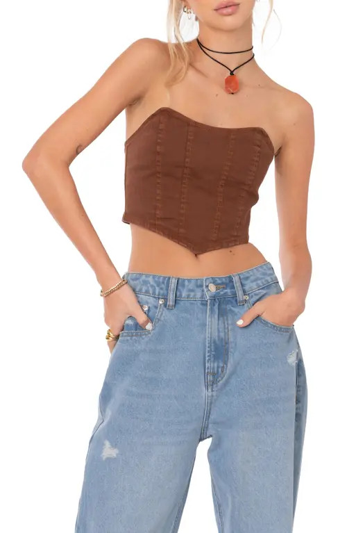 EDIKTED Katie Denim Corset Crop Top in Brown at Nordstrom, Size Medium | Nordstrom