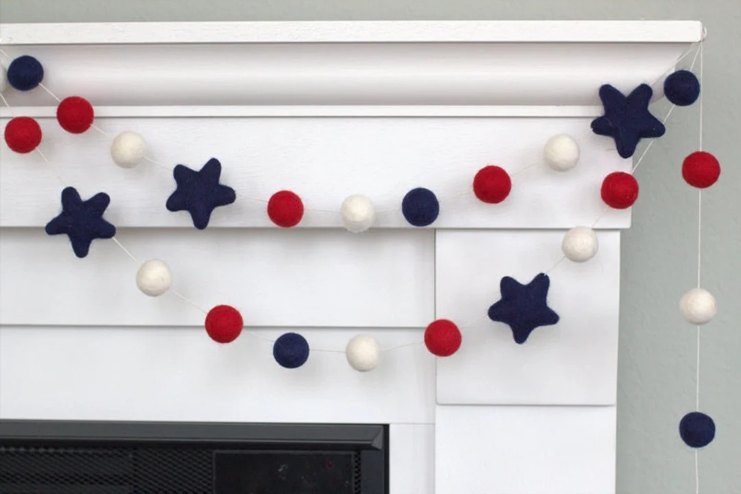 Red White Navy Blue Garland 1 Felt Balls, 2 Stars Navy Blue Star Memorial Day Party Decor, Americ... | Etsy (US)