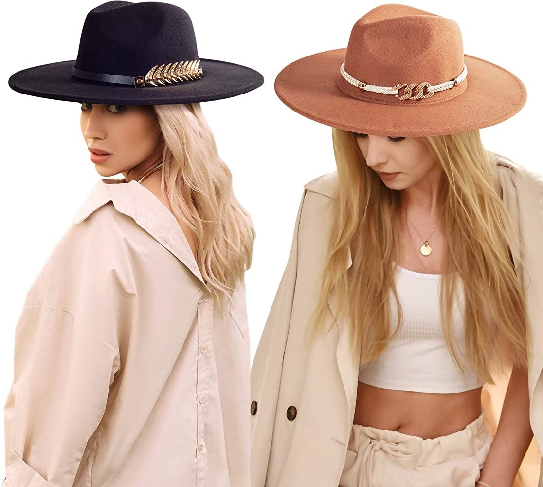 2 Pack Felt Fedora Hats for Women Men, Stylish Fedora Hats for Women Classic Wide Brim Fedora Hat wi | Amazon (US)