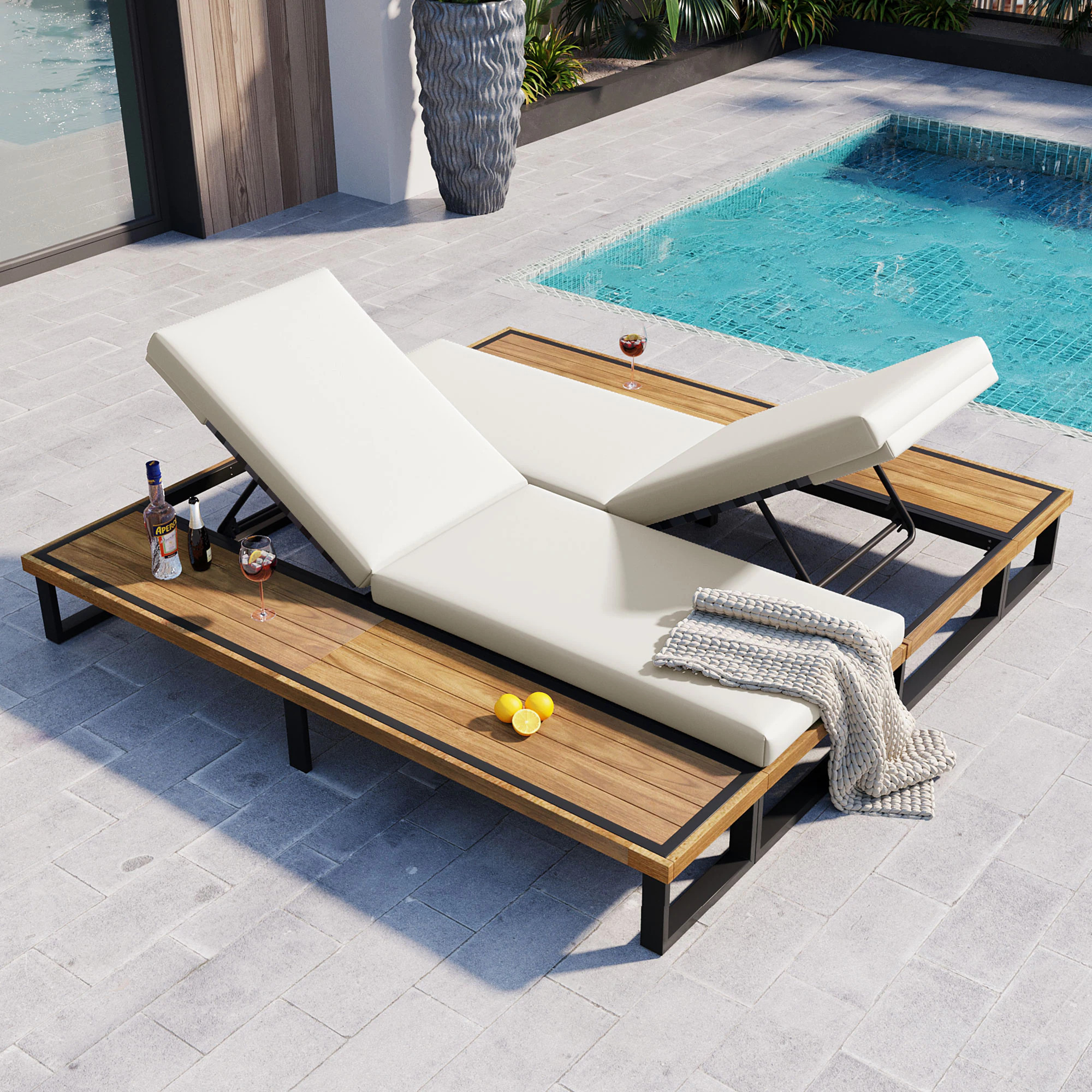 ModernLuxe Outdoor Chaise Lounge Chair Set of 2 with 5Position Adjustable Backrest Reclinings with Cushions Patio Loungers with Wood Side Table | Lowe's