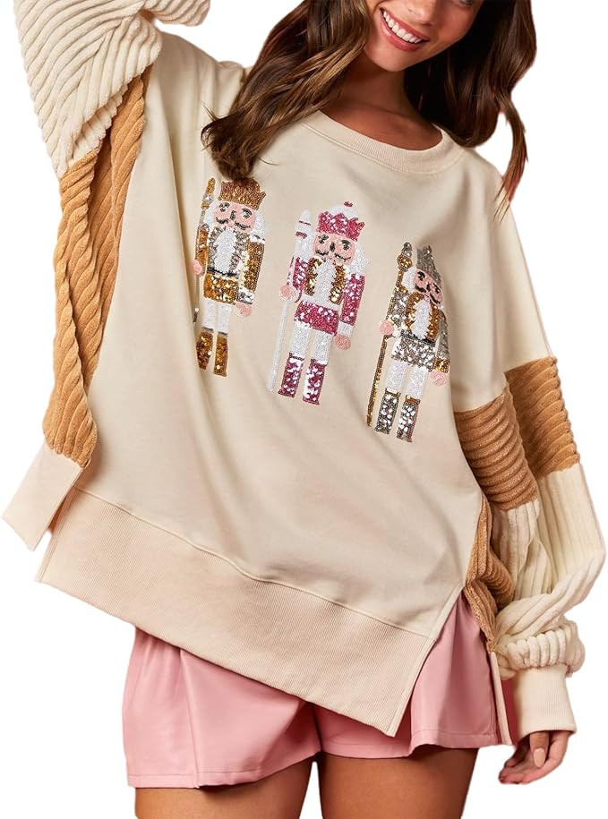 cffvdiz Oversized Christmas Sweatshirts for Women Funny Sequin Nutcracker Soldier Graphic Slit Cr... | Amazon (US)