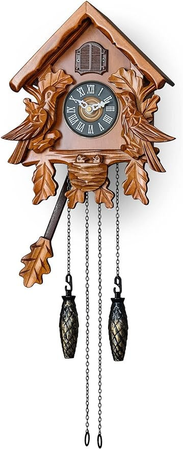 Cuckoo Clock with Night Mode, Singing Bird, Wooden Decorations and Swinging Pendulum (Brown) | Amazon (US)