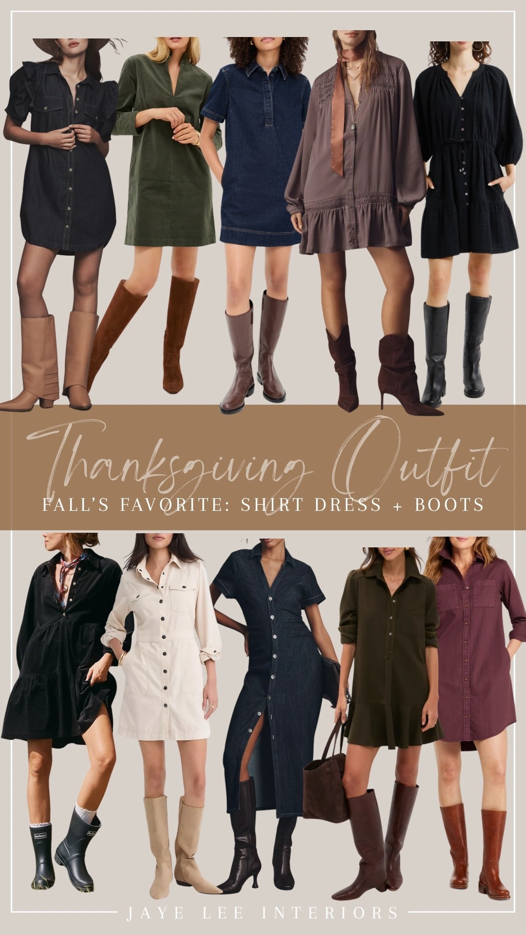 Easy, fun looks for fall, perfect for Thanksgiving dinner with the fam! #ThanksgivingOutfitIdeas #FallFashion #FallOutfit #ShirtDressWithBoots #FallBoots #DinnerParty #Friendsgiving #LongSleeveDress #DenimDress #ThanksgivingOutfit #jleeinteriors

#LTKOver40 #LTKMidsize #LTKmomlife