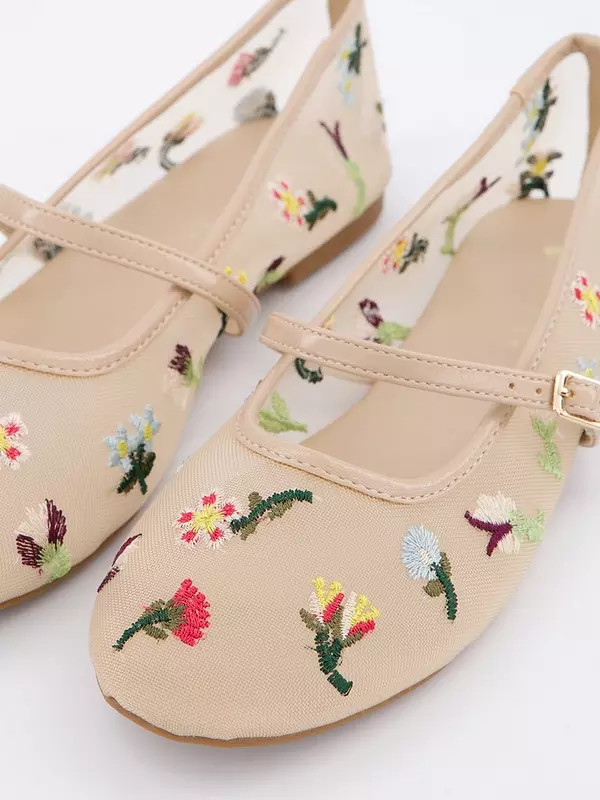 V by Very Mesh Ballet Flat with Floral Embroidery - Cream | Very (UK)