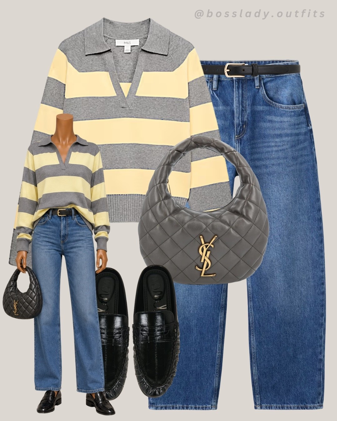 Stripes, wide leg denim, and a bag that steals the whole fit

Tags: striped polo sweater, grey and yellow sweater, oversized collared sweater, wide leg jeans, straight leg denim, black leather belt, quilted shoulder bag, grey quilted hobo bag, YSL lookalike bag, black patent loafers, fall transitional outfit