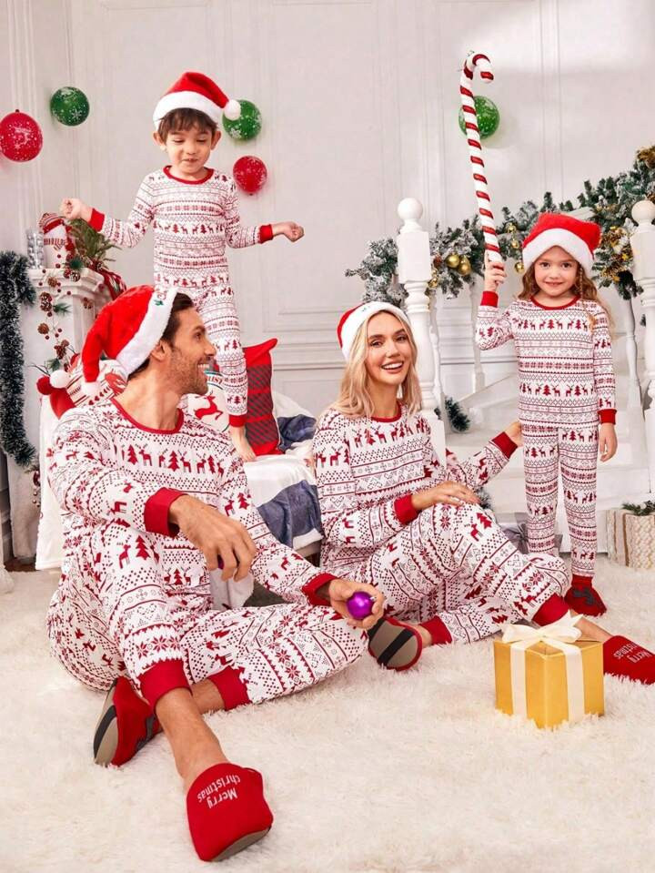 Women's Christmas Pajama Set, Reindeer Fair Isle Print Long Sleeve Loungewear & Pants, Cozy Class... | SHEIN