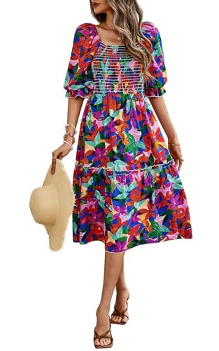PRETTYGARDEN Women's Summer Midi Dress 2025 Trendy Fashion Puff Sleeve Square Neck A-line Swing Wedding Guest Floral Dresses (Blue Multicolored Flower,S) | Amazon (US)