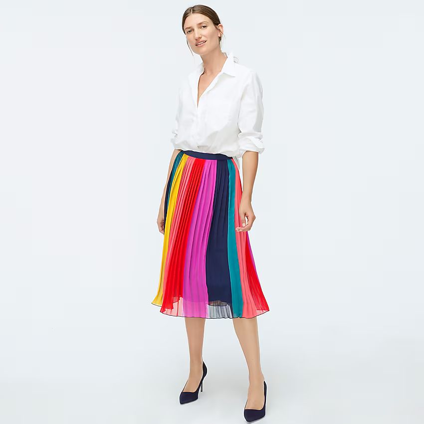 Sunburst pleated midi skirt in rainbow colorblock | J.Crew US