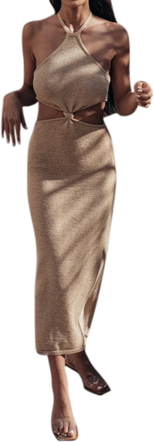 JUMISEE Women Sexy Halter Knit Maxi Dress Elegant Knot Cut Out Bodycon Long Dress Sleeveless Summ... | Amazon (US)