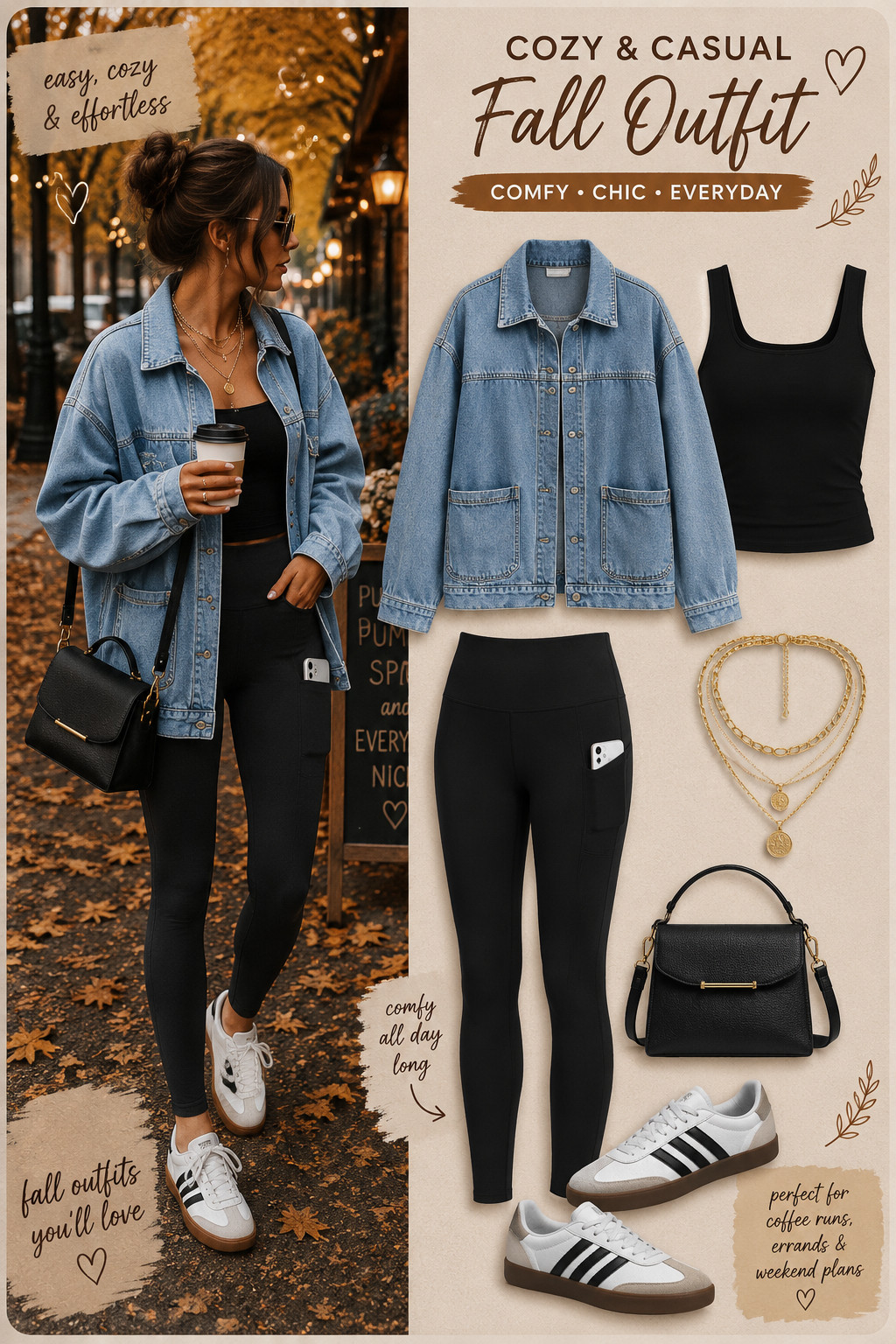 Looking for casual fall outfits that are comfy, cute, and easy to wear? Pair an oversized denim jacket with a black tank, leggings, classic sneakers, a structured crossbody bag, and layered gold jewelry for an effortless everyday look. Perfect for coffee runs, errands, travel, and relaxed weekend plans. Save this casual fall outfit for easy autumn style inspiration! 

 #LTKootd #LTKSeasonal #LTKU