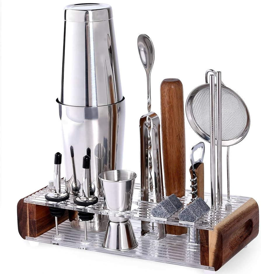 Mixology Bartender Kit with Stand - 15 Piece Bar Tool Set, Silver Bar Set Cocktail Shaker Set for... | Amazon (US)