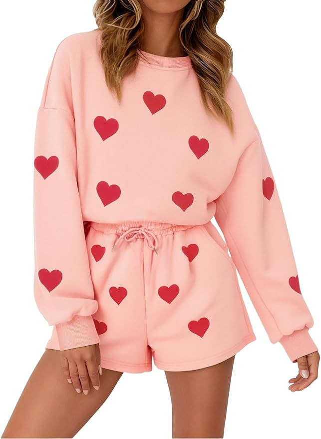 MYHALF Valentines 2 Piece Outfits Womens Love Heart Pajamas Valentines Day Lounge Matching Set Da... | Amazon (US)