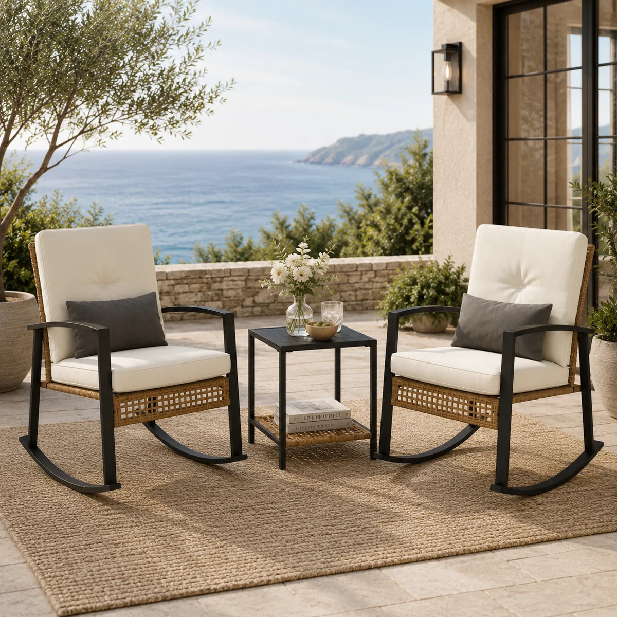 2 - Person Metal Patio Bistro Set With Lumber Pillow, Outdoor Rocking Wicker Conversation Set | Wayfair North America