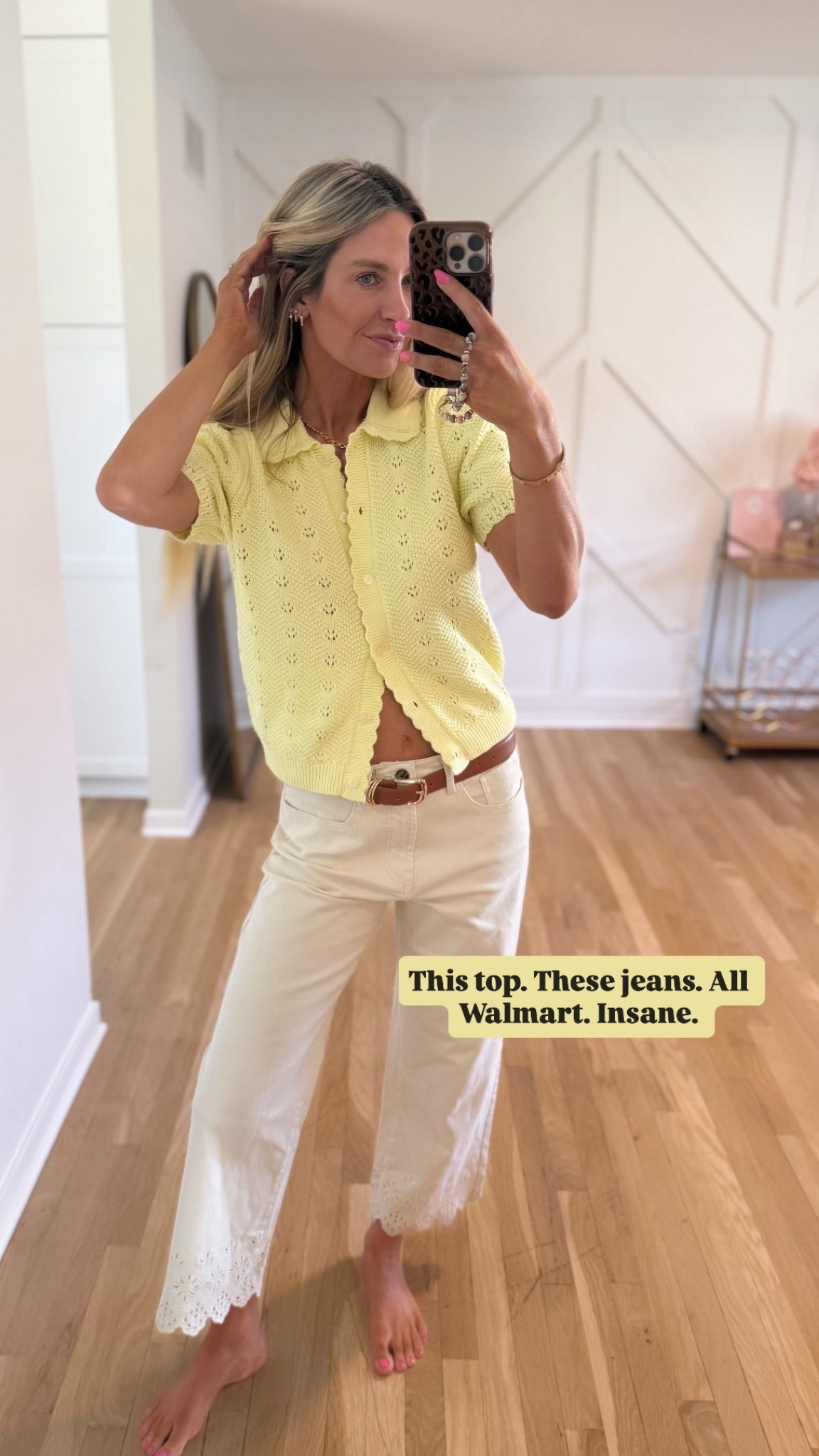 Walmart butter yellow top with scalloped edges and the cutest white detailed jeans 🤍

#LTKgrwm #LTKSpringSale #LTKootd
