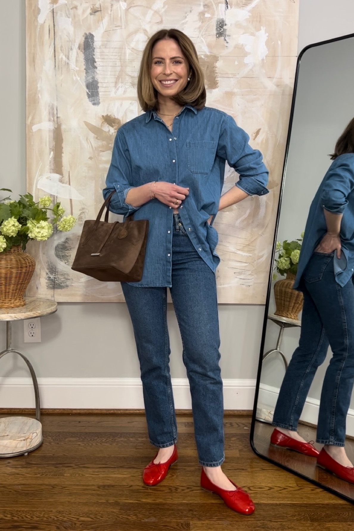 Red ballet flats with double denim look and chocolate suede bag from little Liffner. My bag is from their website directly, but linked other similar options! 

#LTKstyletip #LTKitbag
