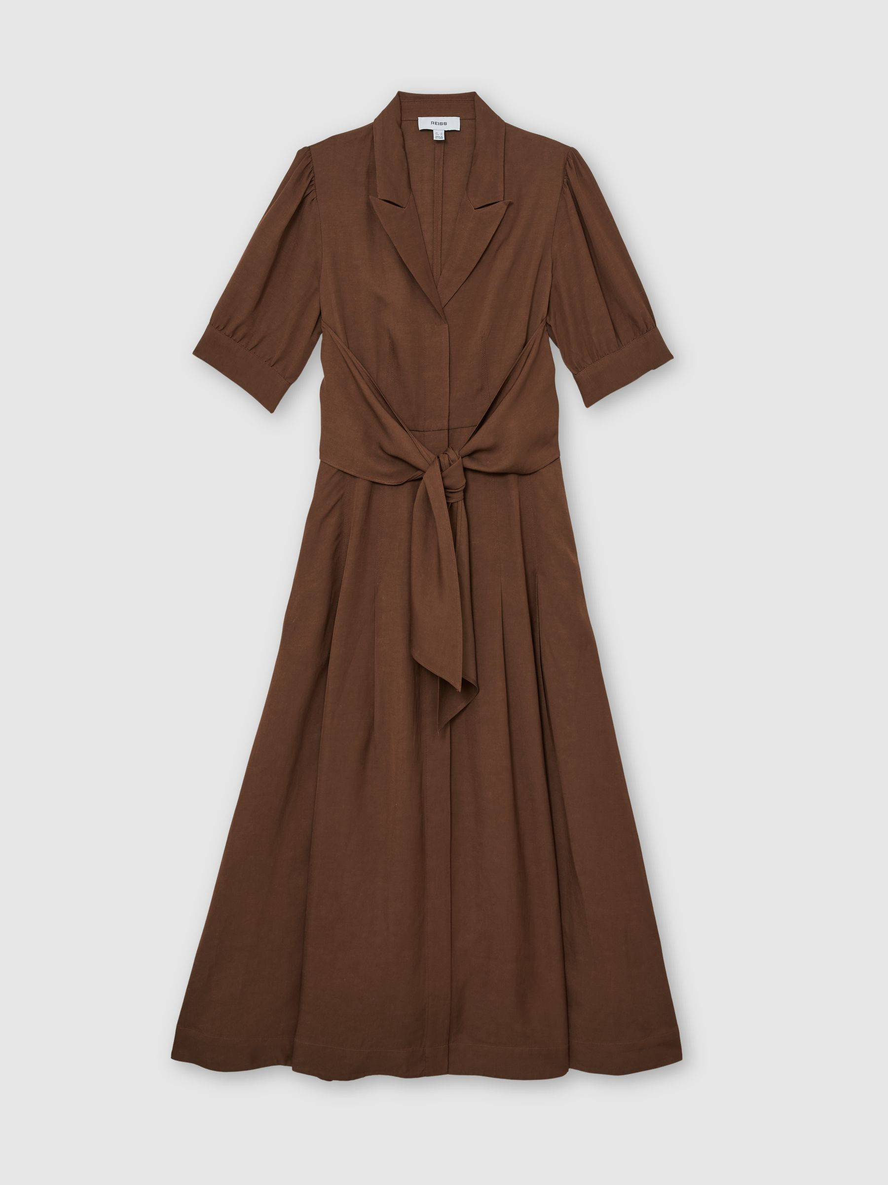 Short-Sleeve Belted Midi Dress with Linen in Rust Orange | Reiss UK