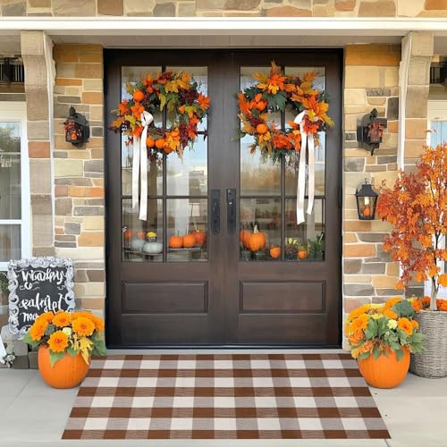 WAYYE Buffalo Plaid Outdoor Rug 3x5 Ft Coffee and White Checkered Area Rug Washable Fall Doormats Indoor Outdoor Rugs for Layered Front Door Mats, Porch, Entryway, Kitchen, Farmhouse | Amazon (US)