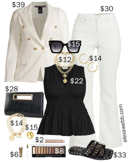 Plus Size on a Budget – White Night Out Outfit with plus size white flare jeans, a black peplum top, off-white double-breasted blazer, and studded black sandals by Alexa Webb. A chic night out outfit on a budget for spring and summer.

#LTKStyleTip #LTKPlusSize #LTKFindsUnder50