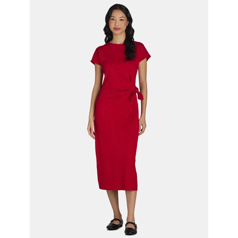 Time and Tru Women's and Women's Plus Side Tie Midi Dress with Short Sleeves, Sizes XS-4X - Walma... | Walmart (US)