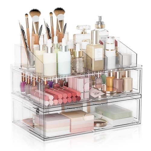 Clear Stackable Makeup Organizer with Drawer, 12''W Acrylic Storage Drawers, Cosmetic Display Case for Vanity Bathroom Countertop, Beauty Holder for Lipstick Brush Skincare Perfume (3 Pack) | Amazon (US)