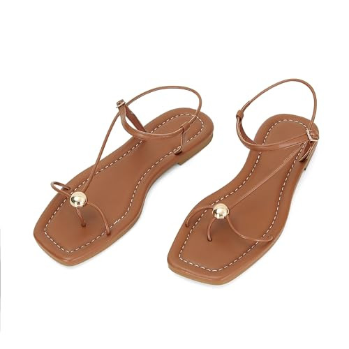 Black Strappy Flat Sandals for Women Comfortable Open Square Toe Sandals Dressy Beach Thong Flip ... | Amazon (US)