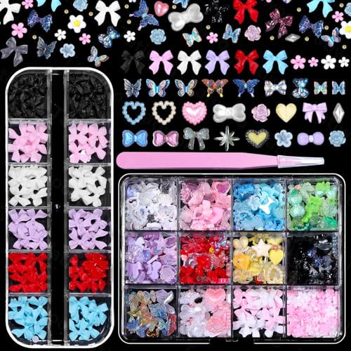 3D Bows Nail Charms, 6 Colors Coquette Nail Art Bows, Assorted Bowknot Flowers Butterfly Flowers Heart Pearls for Nails Art Accessories | Amazon (US)