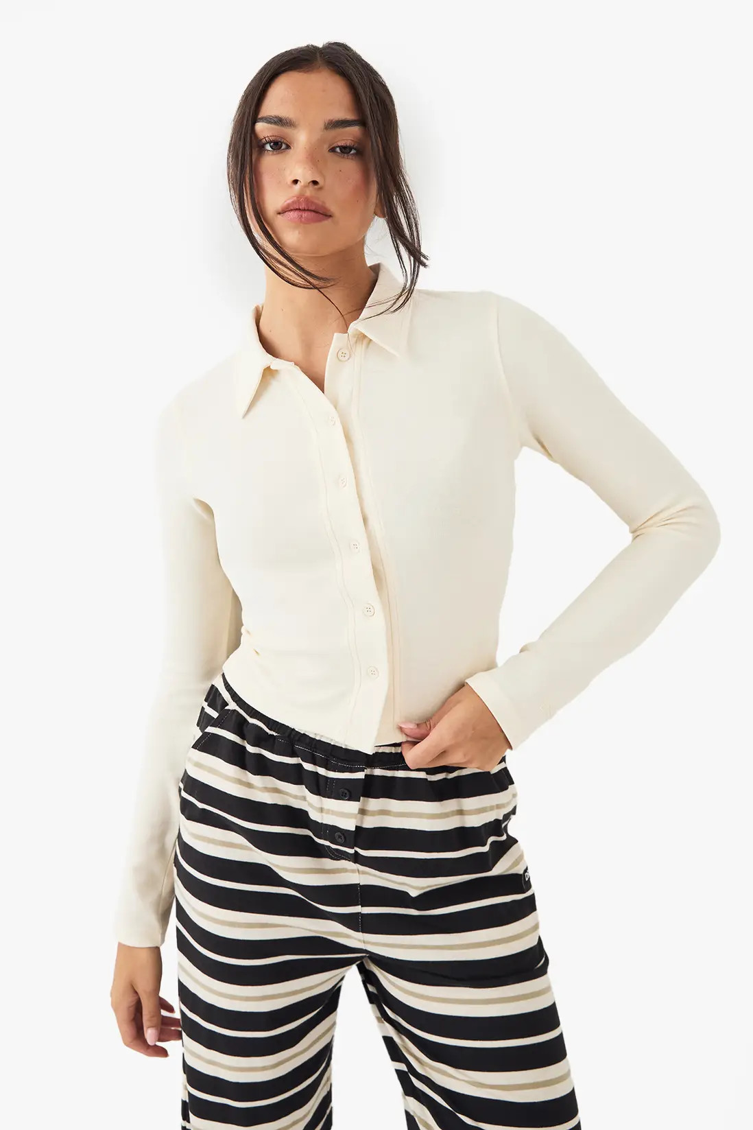 Tops | DSGN Studio Button Through Collared Fitted Top | DSGN Studio | Boohoo.com (UK & IE)