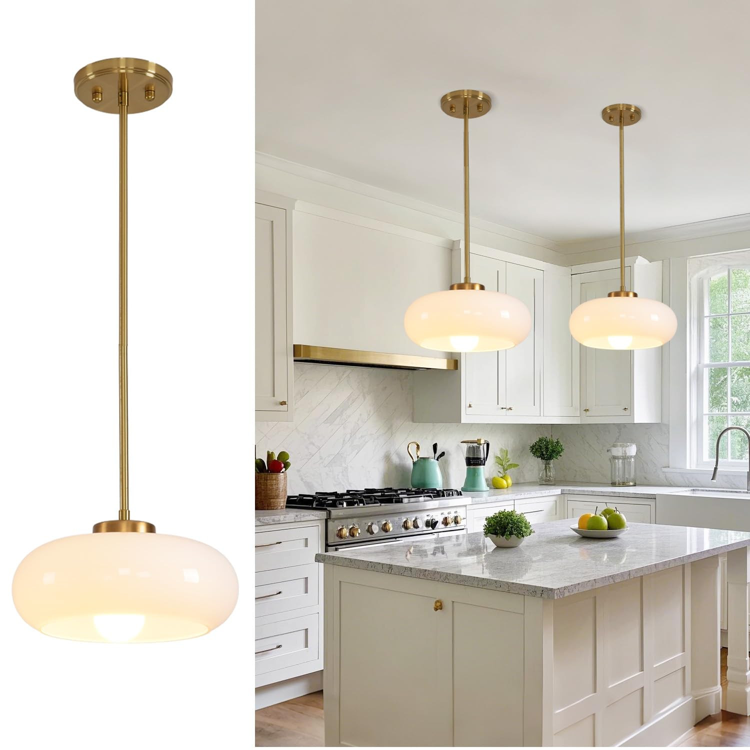 Nordic White Glass Pendant Light Creative Egg Tart Brass Pendant Light Fixtures for Kitchen Islan... | Amazon (US)
