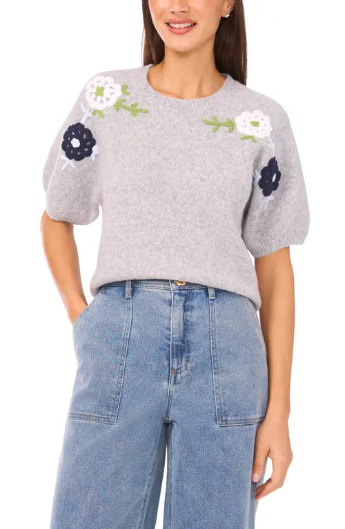 CeCe Floral Embroidered Short Sleeve Sweater in Light Heather Grey at Nordstrom, Size Medium | Nordstrom