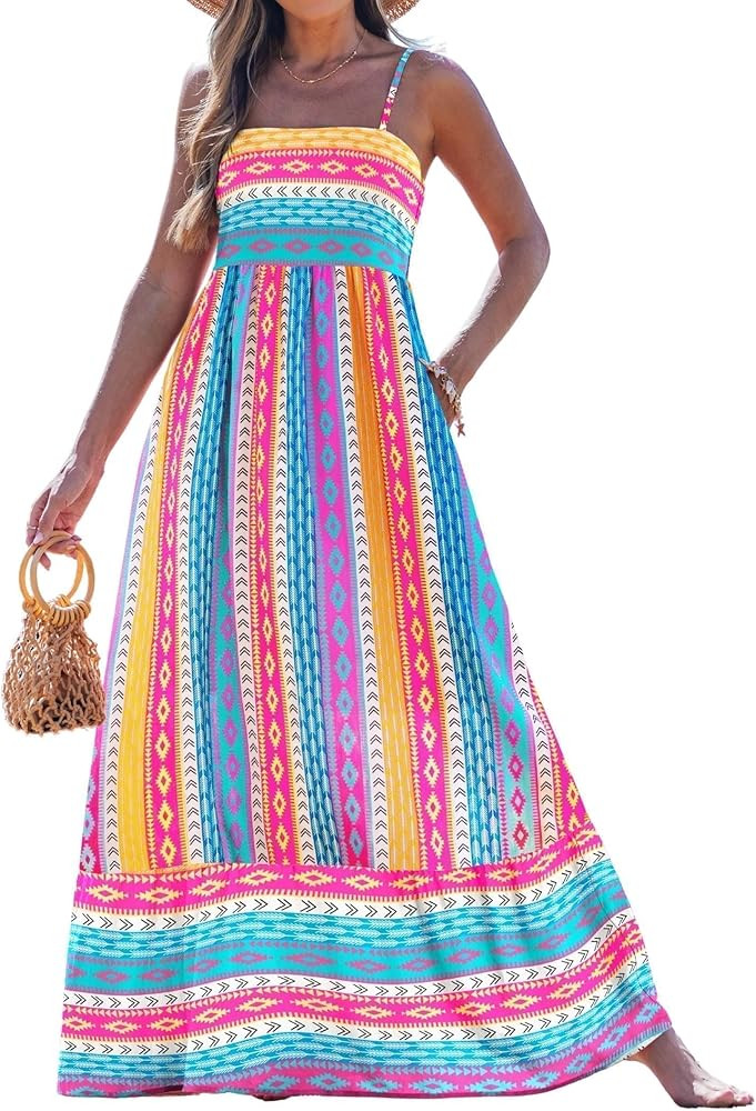 popvil Women Summer Maxi Dress 2026 Spaghetti Strap Long Beach Dress Boho A-Line Flowy Casual Sle... | Amazon (US)