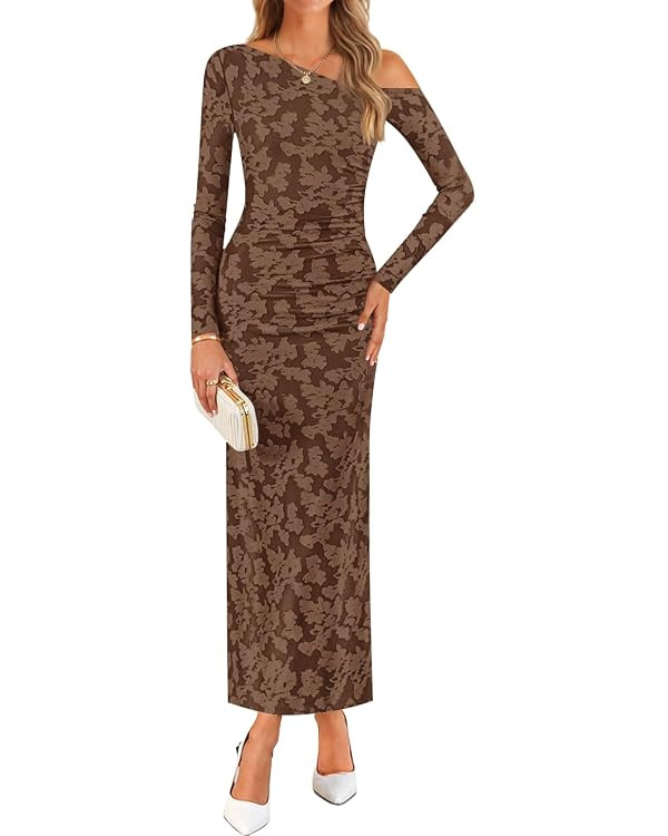 ZESICA Women's Fall Floral Off Shoulder Bodycon Maxi Dresses 2025 Long Sleeve Ruched Elegant Cock... | Amazon (US)