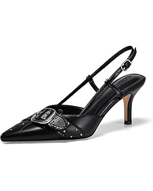 Coutgo Womens Slingback Kitten Heels Studded Closed Pointed Toe Pumps with Buckle Party Dress Sho... | Amazon (US)