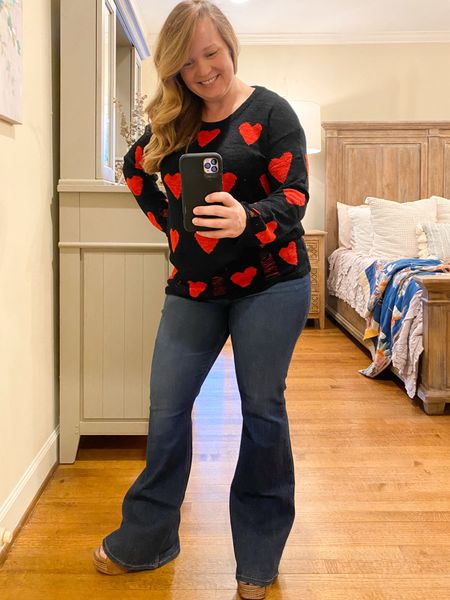 Lightweight Valentine’s sweater. This one has a few thing spots around the sleeves and waist. Lightweight… a great layering opportunity. I’m wearing the jeans in the regular length & I needed 3 inch heels…I’m 5’3”

#LTKmidsize #LTKGiftGuide #LTKparties
