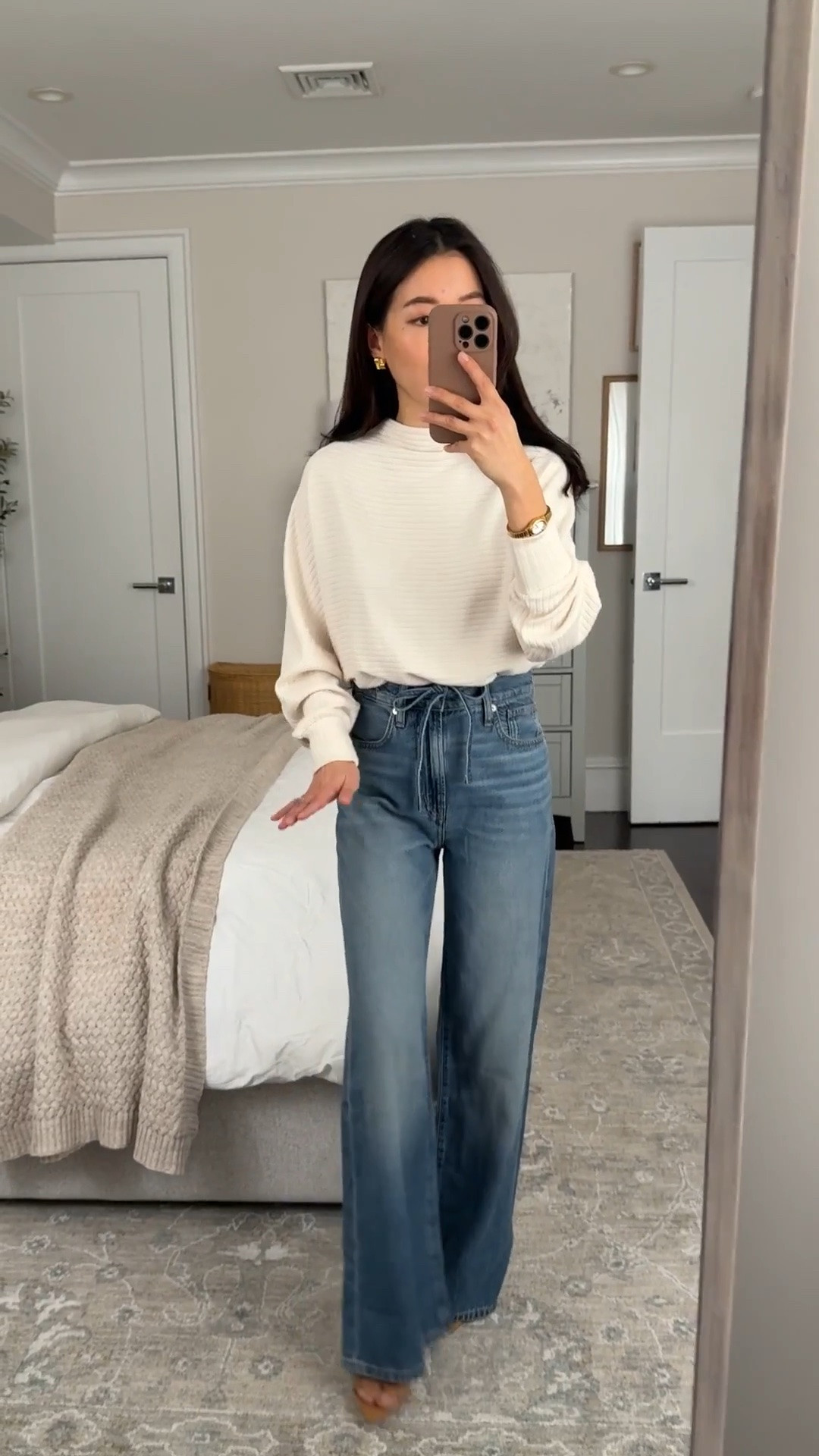 On sale! • Wide-Leg Jean in Airy Denim 24 short, so soft and comfy. Runs long but fyi Madewell offers free hemming if you bring your purchase in store
• Soft mock neck Dolman Top xxs, I wash it machine cold inside out in a mesh bag and air dry just like my sweaters 
• Mango sandal heels sz 5

Mockneck sweater, comfortable wide leg jeans, petite friendly

#LTKPetite #LTKootd #LTKmomlife