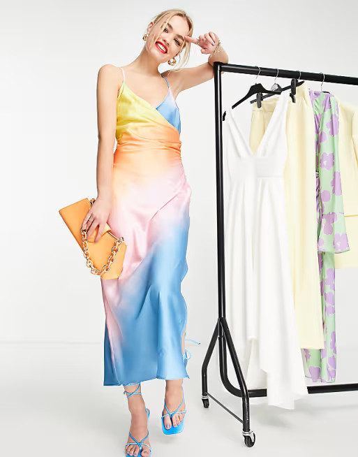 ASOS DESIGN wrap front satin slip maxi dress in ombre | ASOS (Global)