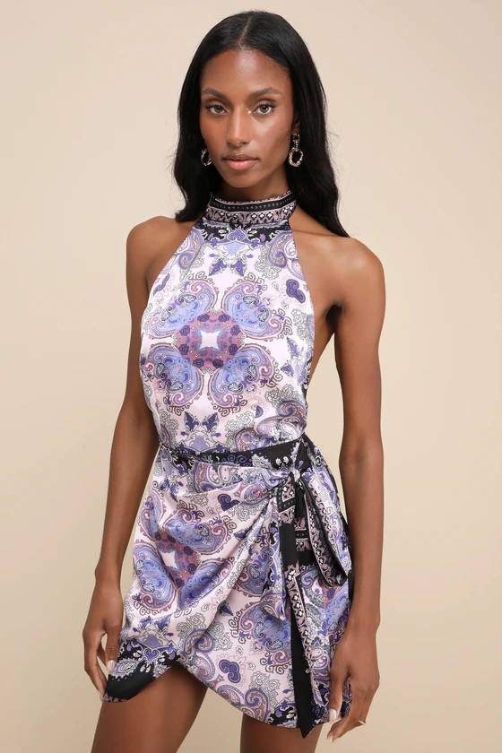 Exceptional Ways Lilac Multi Scarf Print Faux-Wrap Mini Dress | Lulus