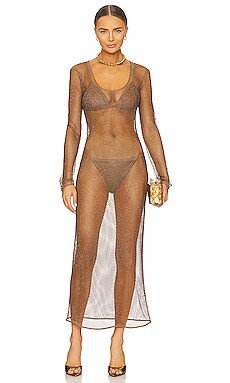 SIMKHAI Lorenzo Crystal Mesh Cover Ups Long Sleeve Dress in Caraway from Revolve.com | Revolve Clothing (Global)