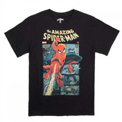 Mens Spider-Man Swinging Through The Comic Panels T-Shirt - Small | Target